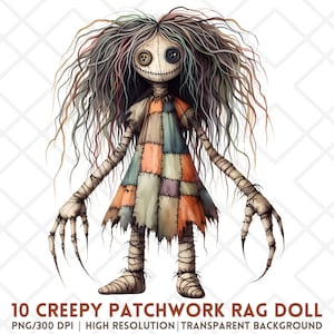 Creepy Patchwork Rag Doll Clipart, Gothic Horror Doll PNG, Nightmare Haunted Voodoo Doll, Nightmarish Spooky Halloween Digital Stickers