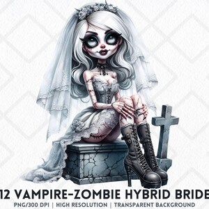 Vampire Zombie Bride Clipart PNG Gothic Horror Chibi Girl Halloween Digital Art Undead Creepy Cute Bride Digital Sticker Sublimation Crafts
