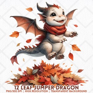 Dragón de otoño, clipart PNG, suéter de hojas, bebé dragón, bufanda de otoño, criatura linda, hojas de otoño PNG, sublimación, pegatina digital, revistas basura