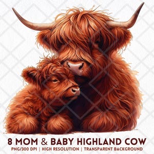 Mamá y cría de vaca de las Tierras Altas PNG, clipart de animales de granja, sublimación de mamá y ternero rústico, descarga digital de vaca de las Tierras Altas para el Día de la Madre