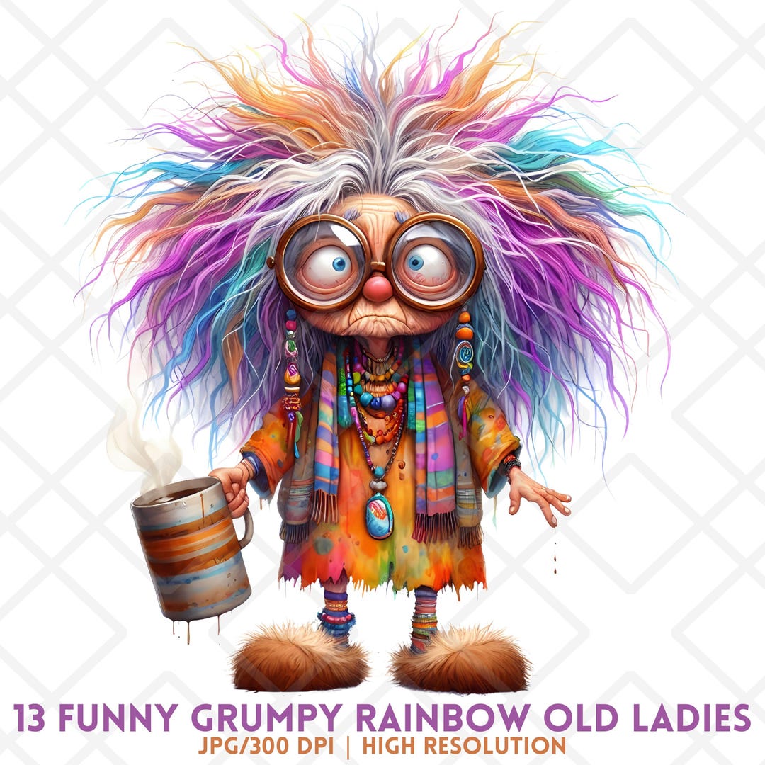Grumpy Ladies Funny Old Ladies Clipart, Grumpy Old Ladies With Rainbow Hair, Quirky ...