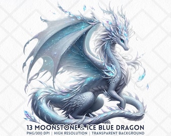 Clip art de dragón azul hielo Moonstone PNG Dragón de fantasía invernal Descarga digital para diario de recortes Sublimación Creación de tarjetas Pegatinas Cristales
