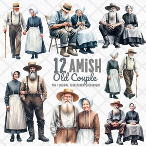 Pareja de ancianos Amish (imagen PNG), abuelos tradicionales a la antigua, vida en una granja vintage (imagen PNG), granja rústica (imagen PNG)
