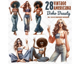 Vintage Americana Boho Girls PNG, Watercolor Patriotic Bohemian Ladies Clipart, Rustic USA 4th of July Digital Stickers, Scrapbooking