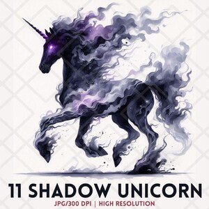 Clipart JPG de unicornio de sombra, pegatina digital de caballo oscuro gótico, clipart de Halloween de unicornio de humo negro, diario de caballo de fantasía mística