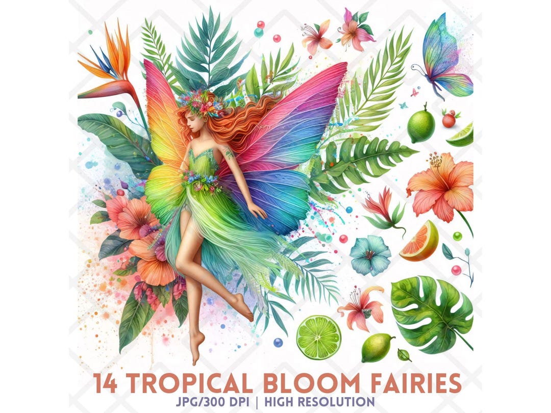 Tropical Bloom Fairies Clipart JPG, Rainbow Wing Fairy Clipart ...