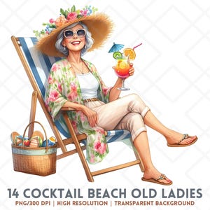 Clipart PNG della nonna della spiaggia estiva, Cocktail rilassante della vecchia signora acquerello, Vacanza tropicale per anziani, Adesivo digitale della nonna estiva divertente
