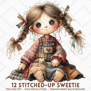 Puede incluir: Ilustración en acuarela de una muñeca de trapo con ojos de botón, trenzas y un diseño cosido. La muñeca lleva una camisa a cuadros y un peto, sosteniendo una vela. El texto "12 STITCHED-UP SWEETIE" está en la parte inferior.