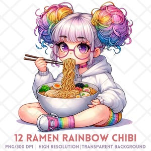 Ramen arcoíris Chibi PNG, chica kawaii de acuarela con cabello arcoíris comiendo fideos, linda pegatina digital para diario, manualidades y scrapbooking