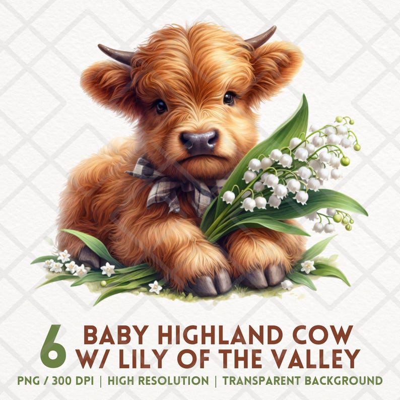 Watercolor Baby Highland Cow Clipart With Lily of the Valley (digital ...