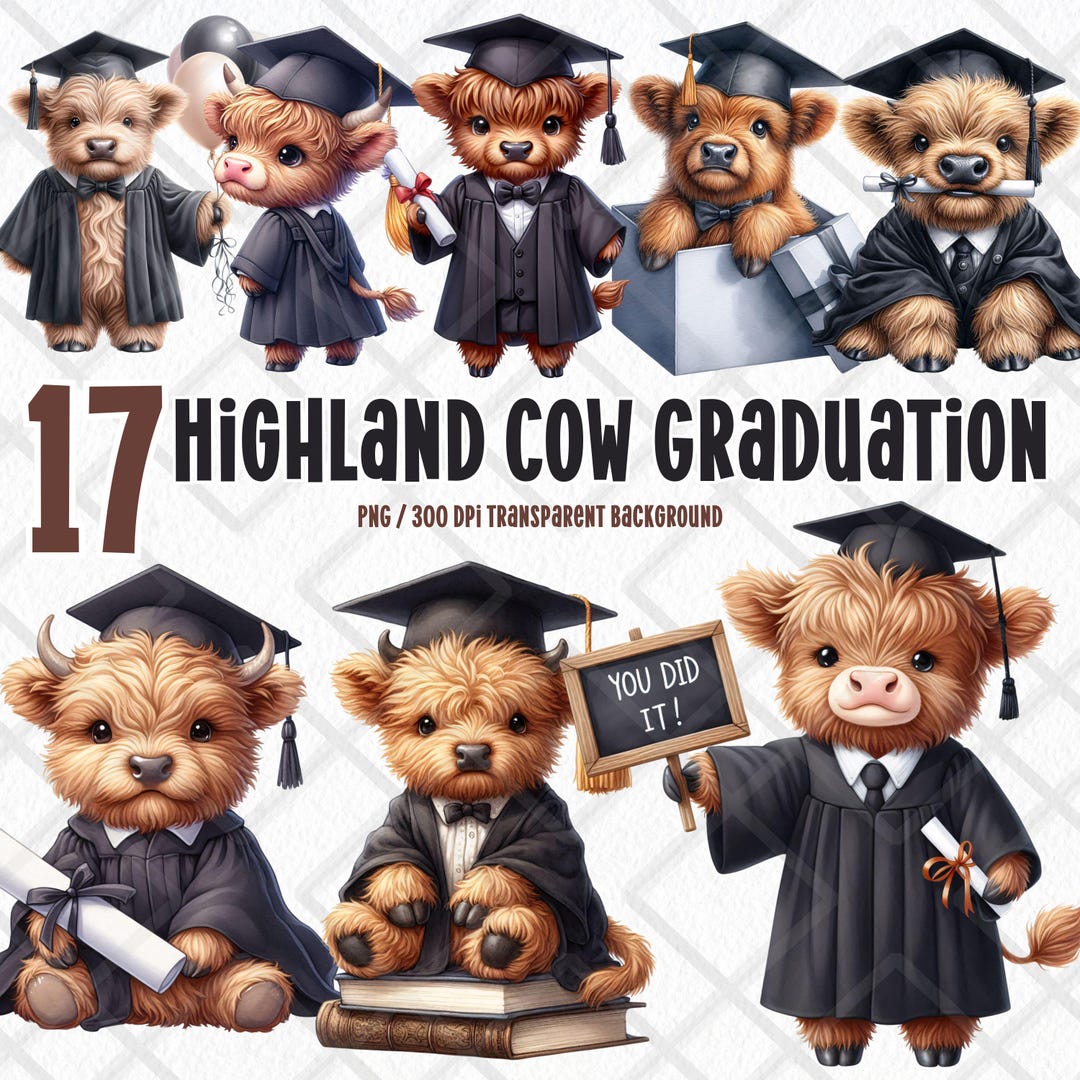 Baby Highland Cow Graduation Png Clipart, Cute Cow Png, Watercolor ...