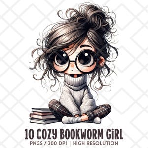 居心地の良い読書好きの女の子のクリップアート PNG、かわいい水彩画のオタク系の女の子、格子縞のスカーフを巻いた読書好きの女の子のアート、愛らしい秋の学生のプリント、デジタルステッカー