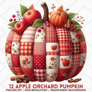 May include: A decorative pumpkin made of fabric patches in red and white patterns, including gingham, polka dots, and floral prints. The pumpkin is topped with red apples, a small orange pumpkin, cinnamon sticks, and berries. Text at the bottom reads "12 APPLE ORCHARD PUMPKIN".