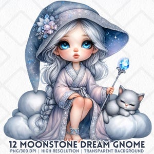 Pierre de lune nain Clipart PNG fille rêveuse nain avec chat baguette de cristal sur nuage Fantasy PNG autocollant numérique sublimation journaux indésirables