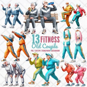 Pareja de ancianos haciendo ejercicio, imágenes prediseñadas PNG, pegatinas digitales de fitness para personas mayores, pareja de ancianos haciendo ejercicio, abuelos extravagantes en chándal