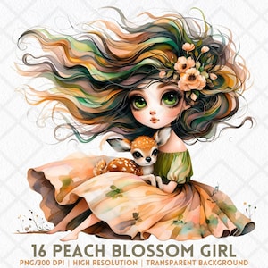 Peach Blossom Girl PNG, Whimsical Windswept Hair Girl PNG, Watercolor Fairytale Cartoon Girl Clipart, Digital Download for Junk Journal