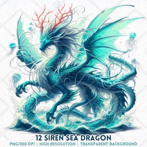 Siren Sea Dragon Clipart Ocean Water Dragon PNG for Sublimation Digital Sticker Fantasy Scrapbook Coastal Mythical Creature Instant Download