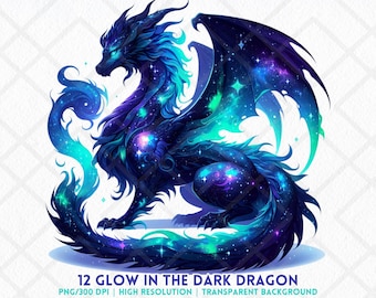 Glow In The Dark Dragon PNG Clipart Galaxy Sublimation Fantasy Night Creature Sticker Junk Journal Card Making Instant Download