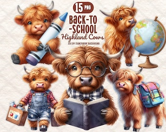 Back to School Highland Kuh Clipart PNG Bundle Süß Aquarell Kalb Lesebuch Halten Bleistift Digitale Aufkleber Handwerk Junk Journal