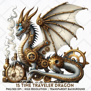 May include: A detailed illustration of a steampunk dragon with a clock face and gears. The dragon is primarily silver and gold, with white wings and blue eyes. The image includes the text "15 TIME TRAVELER DRAGON".