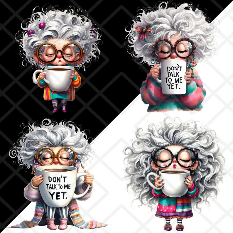 Funny Coffee Grandma Clipart PNG, Watercolor Quirky Tired Old Lady ...