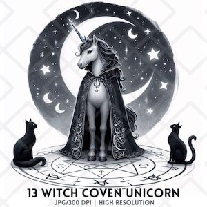 Halloween Witch Coven Unicorn JPG Celestial Clipart Magic Unicorn Black Cat Occult Clipart JPG Junk Journaling Card Making Digital Sticker