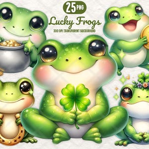 Pode incluir: Ilustração digital de cinco sapos de desenho animado em várias poses. Um sapo segura um pote de ouro, outro uma moeda Bitcoin e outro uma ferradura. A imagem inclui o texto "Lucky Frogs".