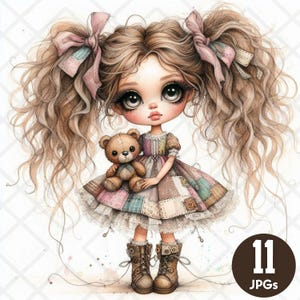 Aquarela Vintage Rag Doll Clipart JPG PNG Caprichoso Shabby Chic Doll Adesivo Digital Patchwork Vestido Menina Bonito Ursinho De Pelúcia Download Digital
