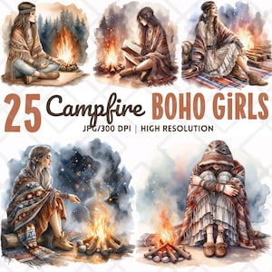 Aquarell ziemlich Boho Mädchen Camping Clipart, Lagerfeuer Nächte Boho Mädchen Clipart, gemütliche Boho Frau, digitale Aufkleber, Scrapbooking Junk Journal