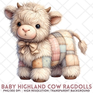 May include: A white and cream colored baby highland cow ragdoll with a patchwork quilt design. The cow has a brown bow around its neck and a fluffy tail.