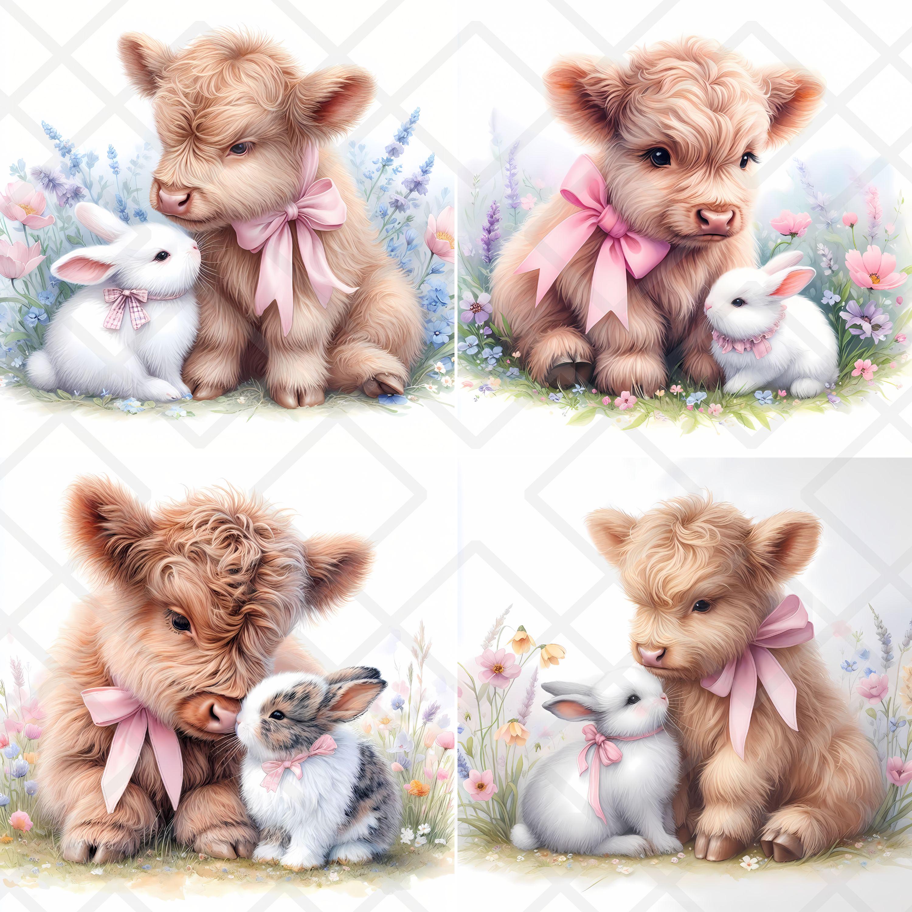 Highland Cow Bunny Best Friends Clipart JPG, Cute Easter Farm Animals ...