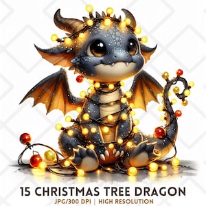 May include: A cute cartoon dragon with blue scales, orange wings, and large eyes is adorned with Christmas lights. The dragon is wrapped in a string of yellow and red lights, creating a festive holiday theme. Text reads "15 CHRISTMAS TREE DRAGON".