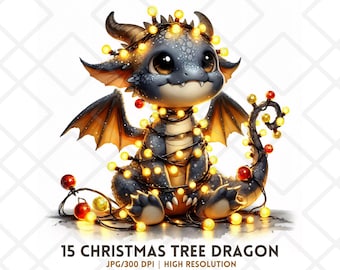 Christmas Tree Dragon Clipart JPG Cute Baby Dragon Wrapped in Christmas Lights Holiday Dragon JPG Sublimation Digital Sticker Junk Journals