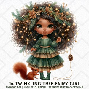 May include: A digital illustration of a fairy girl with brown skin, wearing a green dress and boots. Her curly brown hair is adorned with a floral crown and twinkling lights. A squirrel sits beside her. Text at the bottom reads "14 Twinkling Tree Fairy Girl".