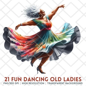 Danse vieille dame Clipart PNG, autocollant numérique joyeuse femme noire grand-mère, femme senior afro-américaine, robe colorée grand-mère Clipart