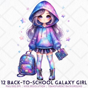 May include: Digital illustration of a galaxy-themed girl with a hoodie, skirt, and boots, holding a backpack and book. The image has a galaxy design with stars and the text "12 BACK-TO-SCHOOL GALAXY GIRL".