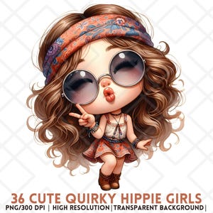 Paquete de imágenes prediseñadas de chicas hippies, pegatinas digitales bohemias y kawaii muy lindas, Chibi Retro Van Life PNG, diseño de sublimación de chicas maravillosas