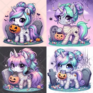 以下が含まれることがあります： ハロウィーンをテーマにしたユニコーンの4つのイラスト。各ユニコーンは、カラフルなたてがみと尾、角を持ち、彫刻されたカボチャを持っています。ユニコーンは包帯で包まれ、墓石とハロウィーンの装飾を背景に設定されています。