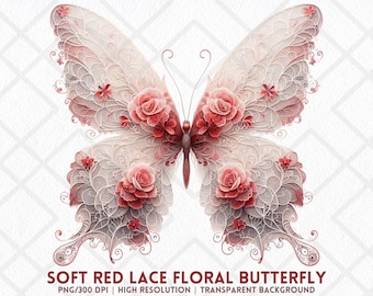 12 zachte rode kanten bloemenvlinder PNG Rose Lace Wing Art romantische botanische clipart Valentine sublimatie digitale sticker ongewenste tijdschriften