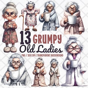 Chagrijnig oude dames clipart png, aquarel grappige sassy senior vrouw, eigenzinnige vintage oma, hilarische oudere dame digitale sticker