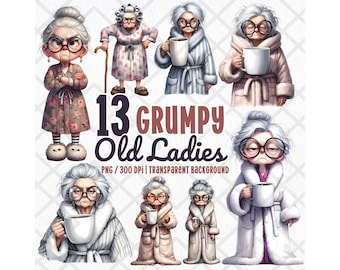 Chagrijnig oude dames clipart png, aquarel grappige sassy senior vrouw, eigenzinnige vintage oma, hilarische oudere dame digitale sticker