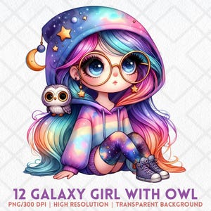Aquarel Galaxy meisje met uil PNG, schattige hemelse hoodie meisje clipart, Rainbow Space digitale sticker, kawaii Rainbow chibi illustratie