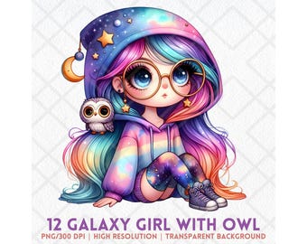 Aquarel Galaxy meisje met uil PNG, schattige hemelse hoodie meisje clipart, Rainbow Space digitale sticker, kawaii Rainbow chibi illustratie