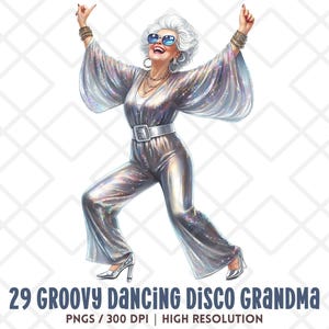 Disco Grandma Clipart PNG, Acquerello Groovy Dancing Old Lady, Retro 70s Glitter Jumpsuit Senior, Divertente Party Nonna Adesivo Digitale