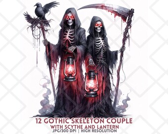 May include: Watercolor illustration of two gothic skeleton figures, each with a red-glowing skull, wearing black hooded robes. One holds a scythe, the other a staff with a crow. Both carry lanterns. Text: 12 GOTHIC SKELETON COUPLE WITH SCYTHE AND LANTERN.