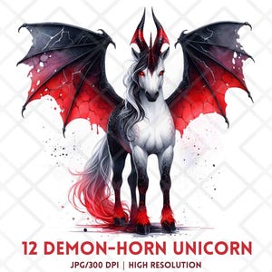 Demon Horn Unicorn Clipart JPG, Dark Fantasy Fiery Unicorn JPG, Gothic Halloween Hell Horse digitale sticker, Lava Winged Demon Unicorn