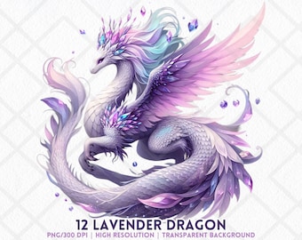 Drago Lavanda Clipart PNG Drago Fantasy Viola Download Digitale Sublimazione Scrapbooking Adesivo Cristalli Drago Pastello Download Immediato