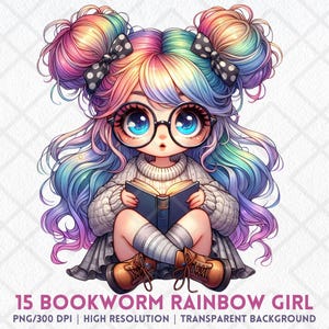気まぐれなレインボーブックワームガールPNG、魔法の読書少女クリップアート、かわいいレインボーチビブックファンデジタルステッカー、かわいいリーダー、居心地の良いファンタジー