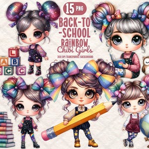 Volta às aulas Arco-íris Chibi Menina Clipart Fofo Cabelo Galáxia Material Escolar Globo Lápis Livro PNG Sublimação Artesanato Adesivo Digital Diário