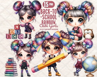 Terug naar school regenboog chibi meisje clipart schattig melkweghaar schoolbenodigdheden wereldbol potlood boek png sublimatie ambachten digitale sticker dagboek